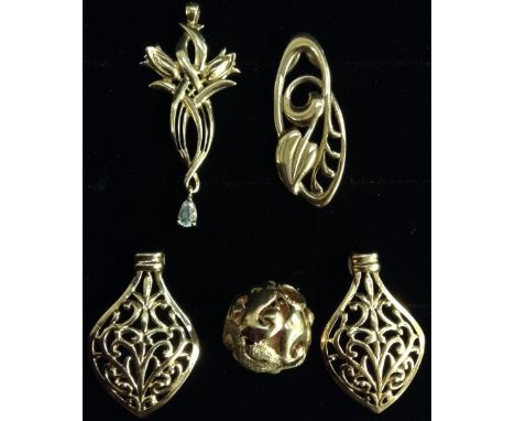 A Charles Rennie Mackintosh design 9ct gold leaf and scroll pendant;  a pair of open cast 9ct gold scrolling arrow head penda