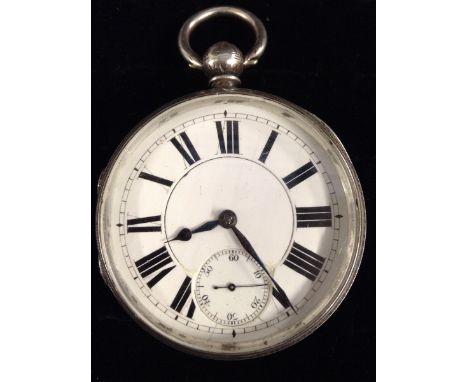 A Victorian Goliath silver open face pocket watch, William Brown Sheffield, white enamel dial, bold Roman numerals, minute tr