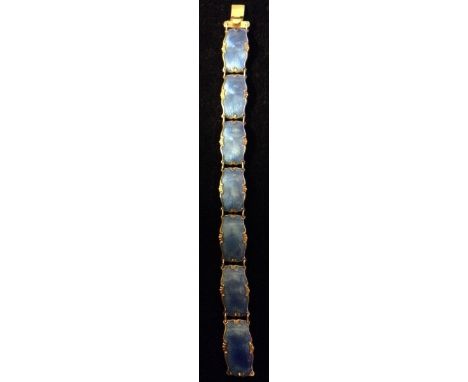 A Norwegian guilloche enamelled silver panel bracelet, seven shaped panels, enamelled in blue, ring links, stamped 925 sterli