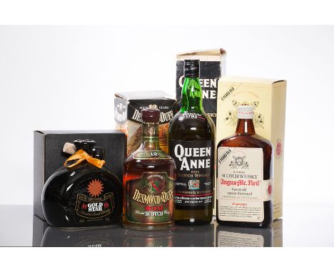 GOLD STAR 12 YEAR OLD
Blended Scotch Whisky, in black ceramic decater with stopper, 75cl, 43°GL. in box.
QUEEN ANNE
Blended S