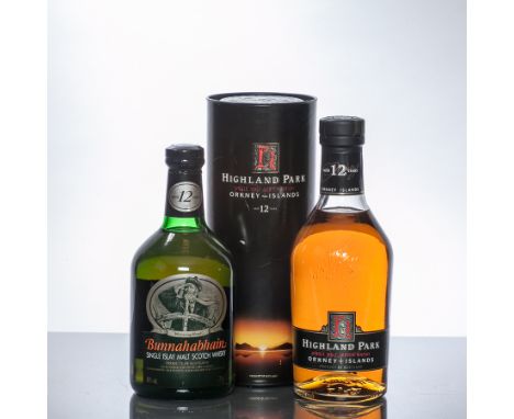 HIGHLAND PARK AGED 12 YEARS DUMPY BOTTLE
Single Malt Scotch Whisky. 70cl, 40% volume, in tube. 
BUNNAHABHAIN AGED 12 YEARS
Si