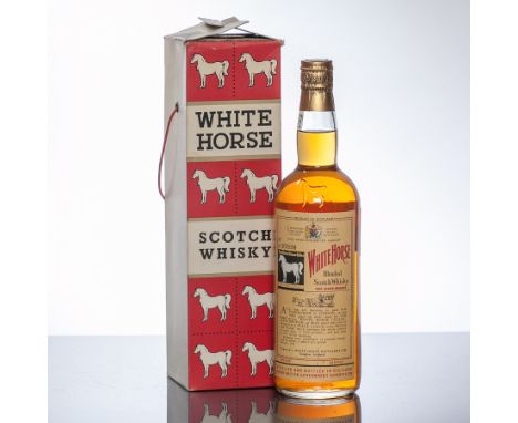 WHITE HORSE SPRING CAP
Blended Scotch Whisky, bottle no. 97899. 4/5 quart, 86.8° proof, in carton.  CONDITION REPORT: Bottle 