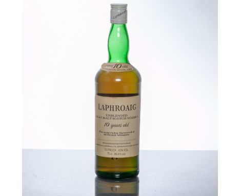LAPHROAIG 10 YEARS OLD UNBLENDED
Islay Malt Scotch Whisky. Pre-Royal Warrant. Distilled and bottled in Scotland by D. Johnsto
