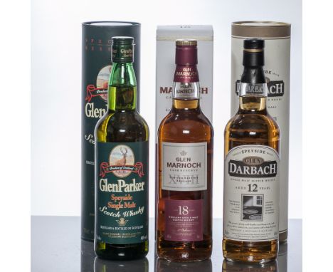 GLEN MARNOCH AGED 18 YEARS
Highland Single Malt Scotch Whisky. 70cl, 40% volume, in carton. 
GLEN DARBACH AGED 12 YEARS
Speys