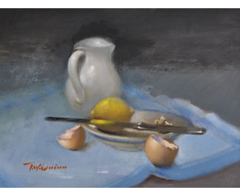 Tom W. Quinn (1918-2015).&nbsp;Lemons &amp; Eggshells, Oil on Board, Signed, 15" x 20".