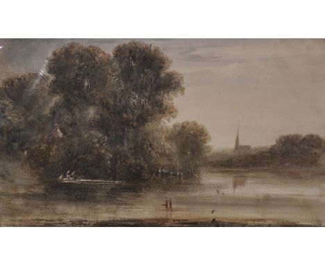 Circle of John Constable. River Scene with Distant Spire, Watercolour, Unframed, 5.5" x 8.5".