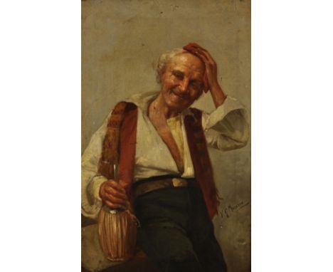 Vincenzo Maresca (19th Century) Italian. Portrait of an Elderly Italian Gentleman Holding a Bottle of Wine, Oil on Canvas, Si