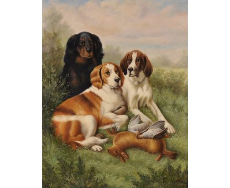 R. Horton (20th Century). Dogs and Game in a Landscape, Oil on Panel, 19" x 15".