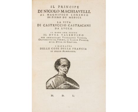 Machiavelli (Niccolò) Tutte le opere...divise in V. Parti., 5 parts in 1, woodcut portraits to general and divisional titles,