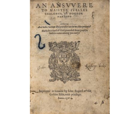 Harding (Thomas) An Answere to Maister Juelles Chalenge, first edition, woodcut device on title, woodcut initials, lacking fi