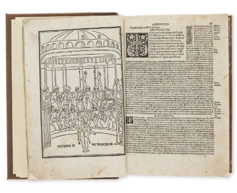 Plautus (Titus Maccius) Comoediae XX, collation: aa10 A-Z8 a-c8 d10 AA10 BB-LL8, aa10v, full-page woodcut of a theatrical per