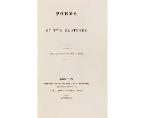 [Tennyson (Alfred, Lord and Charles)] Poems, by Two Brothers, first edition, without half-title, advertisement f. following t