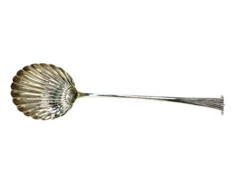 GEORGE III SILVER LADLE, maker Thomas Chawner, London 1816, with scroll handle, the reverse with engraved crest, shell form b