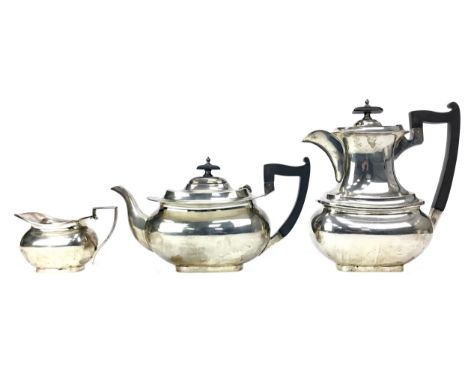 EARLY 20TH CENTURY SILVER PART TEA SERVICE, maker Walker &amp; Hall, Sheffield 1933, comprising tea pot, coffee pot and cream
