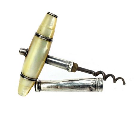 EARLY 19TH CENTURY SILVER AND MOTHER OF PEARL CORKSCREW, unmarked, the mother of pearl handle with white metal mounts, with s