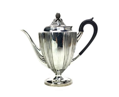 VICTORIAN SILVER COFFEE POT, maker JB, London marks, of Neo-Classical design, with pineapple finial, engraved initials, oval 