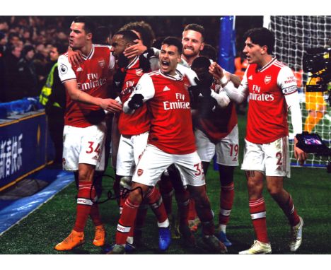 Gabriel Martinelli Arsenal F.C. signed 16x12 inch colour print. Good condition. All autographs are genuine hand signed and co