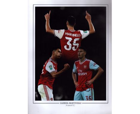 Gabriel Martinelli Arsenal F.C. signed 16x12 inch colour print. Good condition. All autographs are genuine hand signed and co