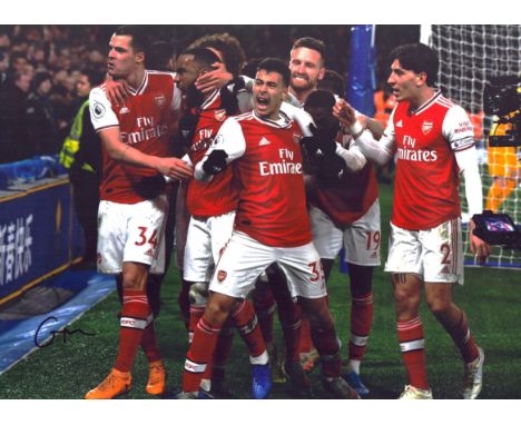 Gabriel Martinelli Arsenal F.C. signed 16x12 inch colour team print. Good condition. All autographs are genuine hand signed a