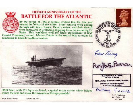 50th Anniversary of the Battle for The Atlantic FDC signed by G a Thring, R Foster-Brown and Anthony Thorold. 1 stamp and 1 p