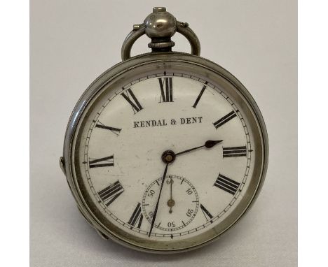 An antique 800 silver pocket watch by Kendal &amp; Dent. "Gold Medal Paris Exhibition 1885" inscription  to inside case. Engi