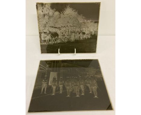 2 Victorian/Edwardian large glass plate negatives featuring soldiers &amp; the Fire Service in Surbiton.  One showing new mil