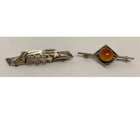 2 vintage silver brooches. A bar style sweetheart brooch with lily of the valley decoration.  Together with an Art Deco style