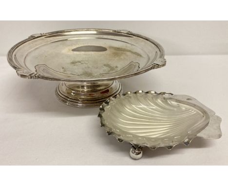 An Art Deco silver plate pedestal fruit bowl By James Dixon &amp; Sons, Sheffield.  Together with a scallop shell butter dish