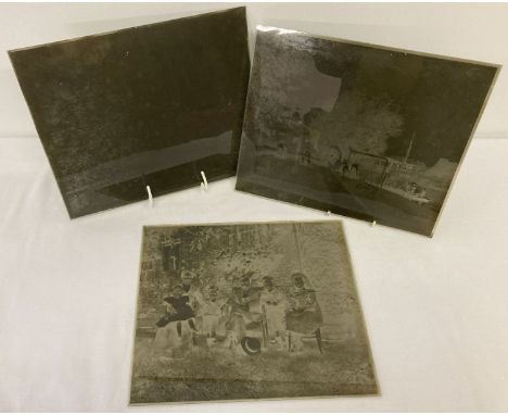 3 large sized Victorian/Edwardian glass plate negatives showing people in period dress.  A family portrait, a vineyard and Vi