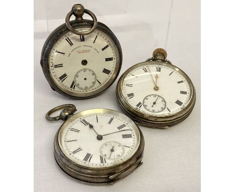 3 vintage silver pocket watches in varying conditions.  All with engine turned decoration and empty cartouche. 