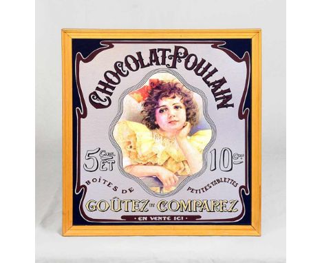 Advertisement on mirror "Chocolat Poulain"Advertisement printed on mirror - "Chocolat Poulain". Comes in a light wood frame. 