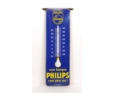 Enamel sign Philips with thermometer slotThis enamel Philips sign with thermometer slot is in French, has 1 cm side edge and 