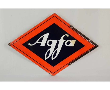 Two-sided enamel sign AgfaThis two-sided enamel sign Agfa has a corner mounting bracket with 5 mounting holes and additional 