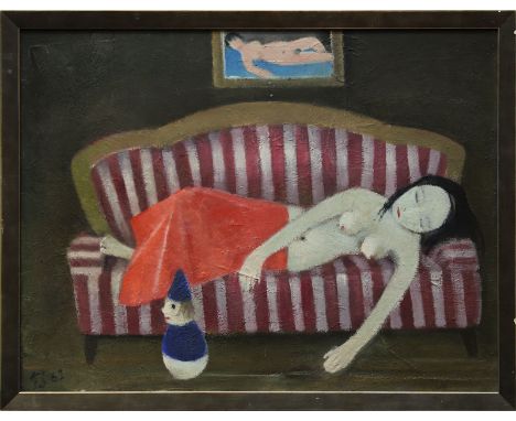 Juncker, Franz (Speyer 1899 - 1980 Homburg), "Siesta"- auf Sofa liegender weiblicher Halbakt mit Stehaufmännchen, Öl auf Lein