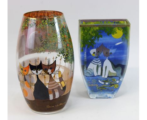 2 Vasen, Goebel, Mitte 20. Jh., Entw. Rosina Wachtmeister, farbloses Glas, umlaufendes polychromes Dekor mit Katzen, signiert