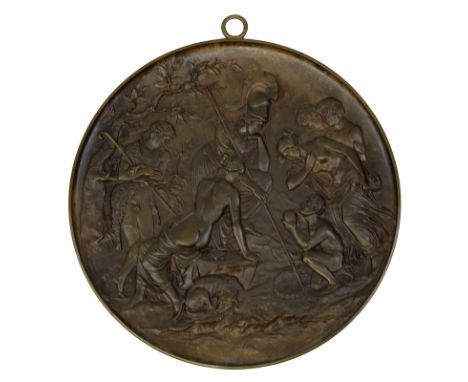Bronze-Wandteller Urteil des Paris, 19. Jh., wohl Ferdinand Barbedienne, Paris, Relief nach einem Gemälde, D 20,5 cm. 4503-00