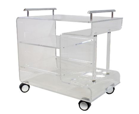 Barwagen aus Plexiglas, 2. H. 20. Jh., Vintage-Design, auf vier Rollenfüßen, versch. Ablageflächen u. Stand für acht Flaschen