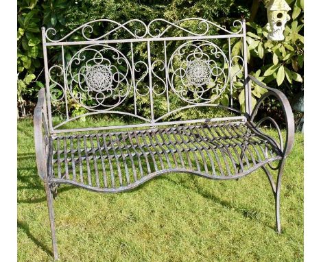 ARCHITECTURAL GARDEN BENCH, Regency style, aged painted metal frame, 98cm x 110cm x 67cm. 