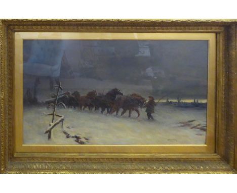 ARTHUR WARDLE (British, 1864-1949) 'Pulling the Wood Sleigh', oil on canvas, signed lower right, 60cm x 105cm, framed. 