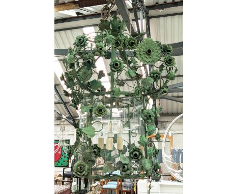 CEILING LANTERN, foliate and floral verdigris metal design, three branch light glazed, 90cm D approx. 