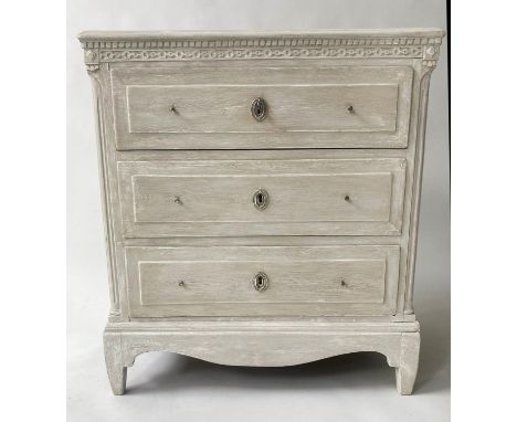 GUSTAVIAN COMMODE, 19th century, traditionally grey painted, with castellated frieze and three drawers, 74cm x 83cm H x 44cm.