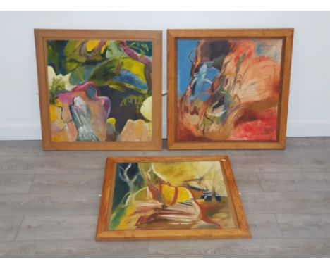 3 MODERN ABSTRACT OIL PAINTINGS BY ARTIST DORA HIRST INCLUDES 1999 DEEP POOL, 1993 SEASONS END AND 1994 HILDAS LEGACY ALL IN 