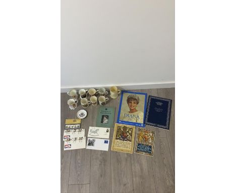 COLLECTION OF COMMEMORATIVE WARE INCLUDES CHINA CUPS, ILLUSTRATED MAGAZINES, PRINCESS DIANA CALENDAR AND FIRST AID COVERS ETC