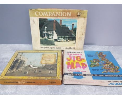3 VINTAGE JIGSAWS INCLUDES WADDINGTONS JIG-MAP AND OLD MASTERS ETC