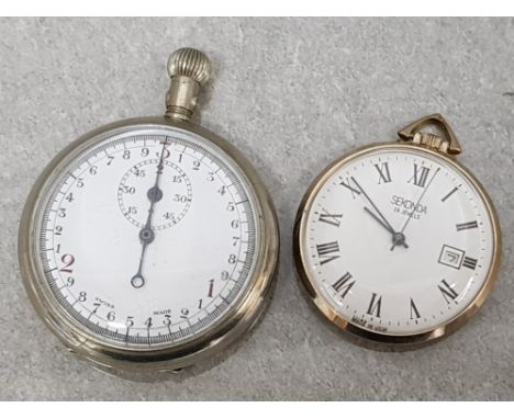 SEKONDA 19 JEWELS CALENDAR POCKETWATCH TOGETHER WITH SILVER PLATED VINTAGE STOP WATCH