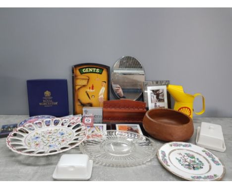 A BOX OF MISCELLANEOUS TO INCLUDE ROYAL WORCESTER CHRISTMAS PLATE 3 FRAMED MOVIE ADVERTISEMENTS A MIRROR ETC