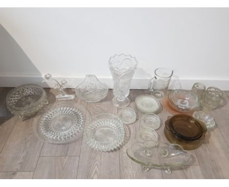 COLLECTION OF GLASSWARE INCLUDES PRESSED GLASS VASE WITH A ACID FINISH,  FRUIT BOWL AND CANDLESTICK ETC