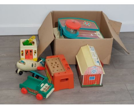 BOX CONTAINING VINTAGE FISHER PRICE TOYS, INCLUDES AIRPORT AND PLANE, FARM, CAMPER VAN, WORK BENCH, PLUS OTHER ACCESSORIES AN