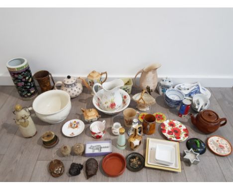 LARGE COLLECTION OF POTTERY ITEMS INCLUDING ROYAL NORFOLK TOILET JUG AND BASIN WITH RED POPPIES,  CROWN DEVON VASE AND W.ADAM