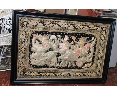 A large framed Indian silk threaded panel, postage unavailable 